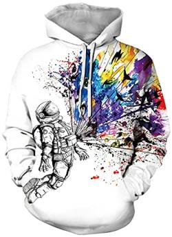 PADOLA Herren 3D Druck Kapuzenpullover Langarm Hoodie mit Taschen Casual Sweatshirt Halloween Weihnachten Streetwear Christmas Xmas Geschenke (Astronaut Weiß, L) von PADOLA