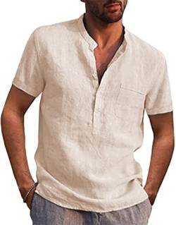 PADOLA Herren Freizeithemden Kurzarm Leinenhemd Sommerhemd Baumwolle Regular Fit Henley Shirt Casual Top (Beige M) von PADOLA