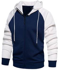 PADOLA Herren Kapuzenpullover mit Fleece Patchwork Winter Pullover Langarm Farbblock Basic Strickjacke mit Kapuze Sport Winterspulli mit Tasche Warm Hoodie Mantel (Blau Weiß, M) von PADOLA