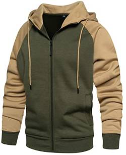 PADOLA Herren Kapuzenpullover mit Fleece Patchwork Winter Pullover Langarm Farbblock Basic Strickjacke mit Kapuze Sport Winterspulli mit Tasche Warm Hoodie Mantel (Braun grün, L) von PADOLA