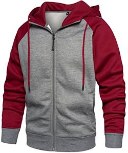 PADOLA Herren Kapuzenpullover mit Fleece Patchwork Winter Pullover Langarm Farbblock Basic Strickjacke mit Kapuze Sport Winterspulli mit Tasche Warm Hoodie Mantel (Rot Grau, L) von PADOLA