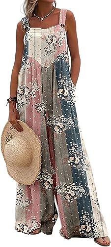 PADOLA Jumpsuit Damen Sommer Hosenanzug mit Tasche Overall Blumenmuster Ärmellose Latzhose Vintage Baggy Floral Gedruckt Playsuit Oversize Casual Haremshose (0 Blumen, 2XL) von PADOLA