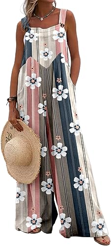 PADOLA Jumpsuit Damen Sommer Hosenanzug mit Tasche Overall Blumenmuster Ärmellose Latzhose Vintage Baggy Floral Gedruckt Playsuit Oversize Casual Haremshose (1 Weiße Blumen, L) von PADOLA