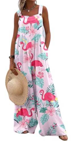 PADOLA Jumpsuit Damen Sommer Hosenanzug mit Tasche Overall Blumenmuster Ärmellose Latzhose Vintage Baggy Floral Gedruckt Playsuit Oversize Casual Haremshose (Flamingo, 2XL) von PADOLA