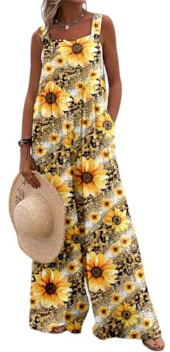 PADOLA Jumpsuit Damen Sommer Hosenanzug mit Tasche Overall Blumenmuster Ärmellose Latzhose Vintage Baggy Floral Gedruckt Playsuit Oversize Casual Haremshose (Sonnenblumen, L) von PADOLA