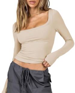PADOLA Langarmshirt Damen Y2K Rippstrick Crop Tops mit Quadratischem Kragen Basic Oberteil Slim Fit Geripptes Shirt Strick T-Shirts Stretch Pullover (Beige, S) von PADOLA