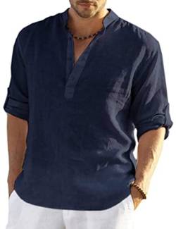 PADOLA Leinenhemd Herren Hemd Herren Langarm Henley Shirt Herren Sommerhemd Strandhemd Leinen Freizeithemden Linen Shirt Men (4 Dunkelblau, L) von PADOLA