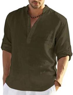 PADOLA Leinenhemd Herren Hemd Herren Langarm Henley Shirt Herren Sommerhemd Strandhemd Leinen Freizeithemden Linen Shirt Men (Armee Grün, XL) von PADOLA