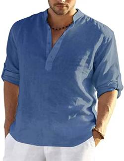 PADOLA Leinenhemd Herren Hemd Herren Langarm Henley Shirt Herren Sommerhemd Strandhemd Leinen Freizeithemden Linen Shirt Men (Blau, M) von PADOLA