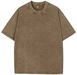 PADOLA Oversized T-Shirts Herren Heavy Baumwolle T-Shirts Ausgewaschene T-Shirt Vintage Look Basic T-Shirts Übergroßes Sportshirt Washed T-Shirt Hip Hop Sommer Top (3 Khaki, 2XL) von PADOLA