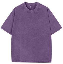 PADOLA Oversized T-Shirts Herren Heavy Baumwolle T-Shirts Ausgewaschene T-Shirt Vintage Look Basic T-Shirts Übergroßes Sportshirt Washed T-Shirt Hip Hop Sommer Top (4 Lila, 2XL) von PADOLA