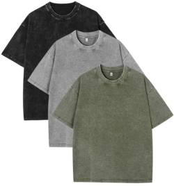 PADOLA Oversized T-Shirts Herren Heavy Baumwolle T-Shirts Ausgewaschene T-Shirt Vintage Look Basic T-Shirts Übergroßes Sportshirt Washed T-Shirt Hip Hop Sommer Top (Schwarz-Grau-Grün, M) von PADOLA