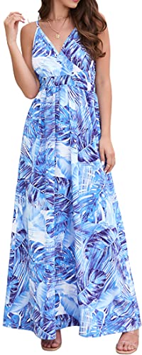 PADOLA Sommerkleid Damen Lang Maxikleid V-Ausschnitt Sommer Boho Kleid Blumenmuster Lang Strandkleid Elegant Hawaii Kleid Damen (0 Himmelblau, L) von PADOLA