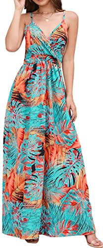 PADOLA Sommerkleid Damen Lang Maxikleid V-Ausschnitt Sommer Boho Kleid Blumenmuster Lang Strandkleid Elegant Hawaii Kleid Damen (2 Blau Orange, XL) von PADOLA