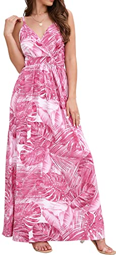 PADOLA Sommerkleid Damen Lang Maxikleid V-Ausschnitt Sommer Boho Kleid Blumenmuster Lang Strandkleid Elegant Hawaii Kleid Damen (3 Rosa, L) von PADOLA