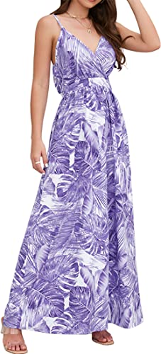 PADOLA Sommerkleid Damen Lang Maxikleid V-Ausschnitt Sommer Boho Kleid Blumenmuster Lang Strandkleid Elegant Hawaii Kleid Damen (4 Lila, M) von PADOLA