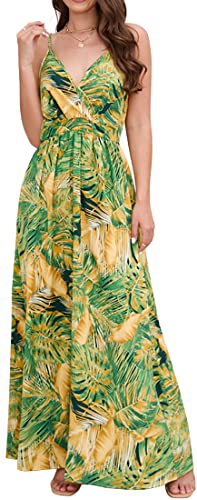 PADOLA Sommerkleid Damen Lang Maxikleid V-Ausschnitt Sommer Boho Kleid Blumenmuster Lang Strandkleid Elegant Hawaii Kleid Damen (5 Gelb Grün, L) von PADOLA
