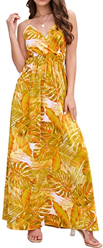 PADOLA Sommerkleid Damen Lang Maxikleid V-Ausschnitt Sommer Boho Kleid Blumenmuster Lang Strandkleid Elegant Hawaii Kleid Damen (Gelb, L) von PADOLA