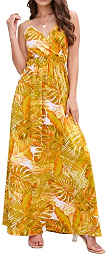 PADOLA Sommerkleid Damen Lang Maxikleid V-Ausschnitt Sommer Boho Kleid Blumenmuster Lang Strandkleid Elegant Hawaii Kleid Damen (Gelb, XXL) von PADOLA