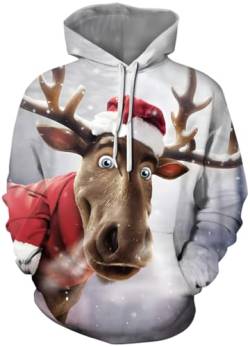 PADOLA Weihnachts Hoodie Herren 3D Druck Weihnachtspullover mit Tasche Casual Weihnachtspulli Christmas Hoodie X-Mas Sweatshirt Halloween Weihnachten Christmas Motiv (0 Hirsch Schnee, L) von PADOLA