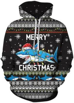 PADOLA Weihnachts Hoodie Herren 3D Druck Weihnachtspullover mit Tasche Casual Weihnachtspulli Christmas Hoodie X-Mas Sweatshirt Halloween Weihnachten Christmas Motiv (Haifisch Lämpchen, L) von PADOLA