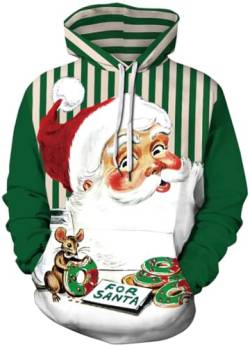 PADOLA Weihnachts Hoodie Herren 3D Druck Weihnachtspullover mit Tasche Casual Weihnachtspulli Christmas Hoodie X-Mas Sweatshirt Halloween Weihnachten Christmas Motiv (Santa Grüne Strifen, L) von PADOLA