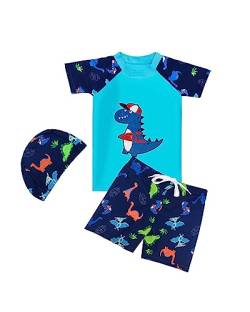 PAEHUIMT Badehose Jungen und Uv Shirt Kinder, Badeshorts, Schwimmshirt, Uv Schutzkleidung, 3 Pcs Set, Dinosaurier (7-8 Jahre) von PAEHUIMT