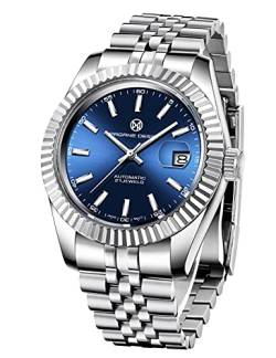 PAGRNE DESIGN Herrenuhren Automatische Armbanduhr Kratzfestes Synthetisches Saphirglas mit Datumsanzeige Edelstahl NH35A mechanische Herrenuhr（1645 Silber Blau） von PAGRNE DESIGN