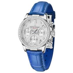 Pagane Design Uhren für Frauen Damenuhr Luxus Diamant VD55 Quarzwerk Saphirglas Wasserdicht Lederarmband, Blau, Lässig von PAGRNE DESIGN