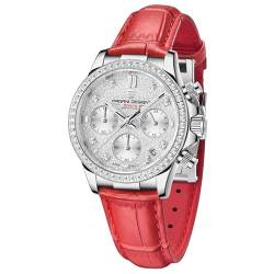 Pagane Design Uhren für Frauen Damenuhr Luxus Diamant VD55 Quarzwerk Saphirglas Wasserdicht Lederarmband, Rot, Lässig von PAGRNE DESIGN