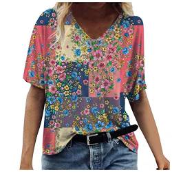 PAIDAXING Damen T-Shirt Bunt Blumen Druck Sommershirts Kurzarm Oberteile V-Ausschnitte Bluse Shirt Beiläufig Loose Damenbluse Tshirt Hemdbluse Top von PAIDAXING