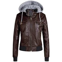 PAIDAXING Lederjacke Damen Motorrad Jacke Herbst Winter Bomberjacke Bikerjacke mit Reißverschluss Abnehmbarer Kapuzen Übergangsjacke von PAIDAXING