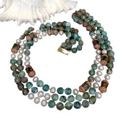 PAJPXPCD 3 Reihen 12 mm grüner Achat Dzi Achat Süßwasser-Zuchtperlen Halskette handgefertigte Frauen von PAJPXPCD