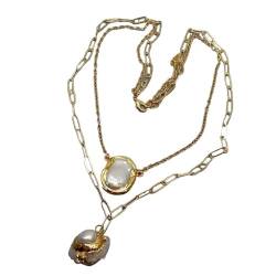 PAJPXPCD Weißer Quarz-Druzy-Charm-Anhänger, kultivierte weiße Perle, goldfarben plattiert, Kettenschichten, Statement-Halskette, 44,5 cm von PAJPXPCD