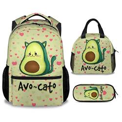 PAKKITOP Avocado-Rucksack mit Lunchbox und Federmäppchen-Set, 3-in-1 passende Kinder-Rucksäcke, für Mädchen, Jungen, grüne Rucksäcke, niedliche Schulbüchertasche und Federmäppchen von PAKKITOP