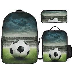3D-Fußball-Rucksack-Set für Jungen und Teenager, 3-teiliges Sport-Fußball-Rucksack-Set mit niedlichem Federmäppchen, isolierte Brotdose für Kinder, Schulranzen-Set (Bookbag6,17inx12.6inx5.5in) von PALANK