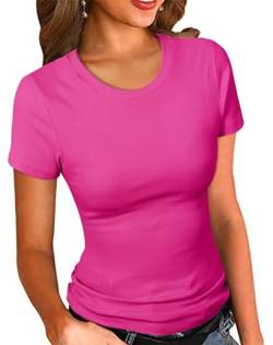 PALINDA Damen Rundhals Geripptes Tailliertes Shirt Basic Kurzarm Sommer T Shirt Tops, Knallpink (Hot Pink), Mittel von PALINDA