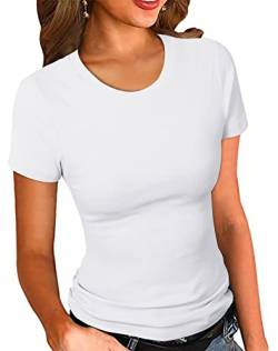 PALINDA Damen Rundhals Geripptes Tailliertes Shirt Basic Kurzarm Sommer T Shirt Tops, Weiss/opulenter Garten, Mittel von PALINDA