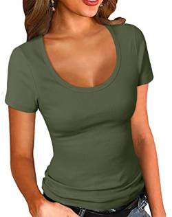 PALINDA Damen U-Ausschnitt Geripptes Tailliertes Shirt Basic Kurzarm Sommer T Shirt Tops, Olivgrün, Groß von PALINDA