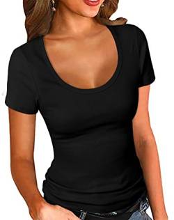 PALINDA Damen U-Ausschnitt Geripptes Tailliertes Shirt Basic Kurzarm Sommer T Shirt Tops, Schwarz, X-Groß von PALINDA