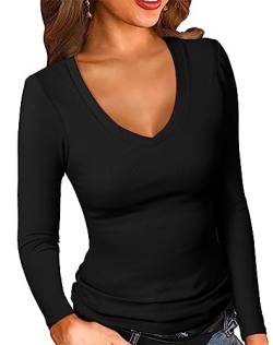 PALINDA Damen gerippter V-Ausschnitt Slim Fitted T-Shirts Basic Solid Langarm Layering Tee Tops, Schwarz, Mittel von PALINDA