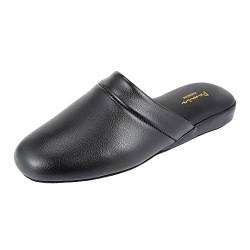 PAMIR Men's Genuine Leather Scuff Slippers with Memory Foam Insole and Leather Outsole Size US 9 Wide Width Black von PAMIR