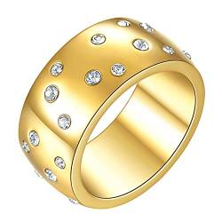 PAMTIER Damen Edelstahl Eternity Statement Starry Ring mit Cubic Zirkonia 10MM Breiter Ehering Gold Größe 52 von PAMTIER