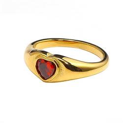 PAMTIER Damen Edelstahl Herz Signet Pinky Ring mit Cubic Zirkonia Promise Minimalist Ehering Gold Rot Größe 52 von PAMTIER