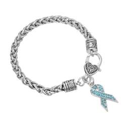 PAMTIER Damen Edelstahlarmband Teal Ovarian Cancer Awareness Ribbon mit Cubic Zirconia Charm Karabinerverschluss Armband von PAMTIER