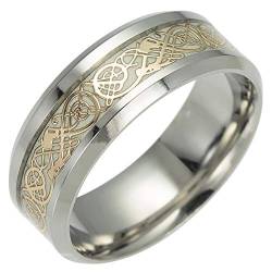 PAMTIER Herren Damen Drachen Ring Edelstahl Kohlefaser Keltischer Drachen Muster Ehering Ring Gold Dargon Leuchtendes Silber Größe 70 (22.3) von PAMTIER