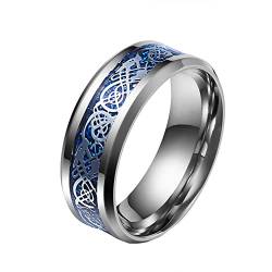 PAMTIER Herren Damen Drachen Ring Edelstahl Kohlefaser Keltischer Drachen Muster Ehering Ring Silber Dargon Blau Silber Größe 60 (19.1) von PAMTIER