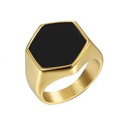 PAMTIER Herren Edelstahl Siegel Pinky Ring Schwarz Emaille Einfaches Schlichtes Ehering Sechseckige Form Gold Größe 70 von PAMTIER