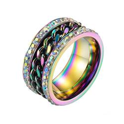 PAMTIER Herren Edelstahlkette Drehbarer Ring Mit Zirkonia Chunky Cool Trendy Statement Ehering Regenbogen Größe 68 von PAMTIER