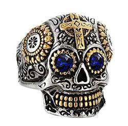 PAMTIER Herren Gotisch Rocker Blau Auge Kreuz Totenkopf Ring Uralt Blume Geschnitzt Gold Größe 60 von PAMTIER